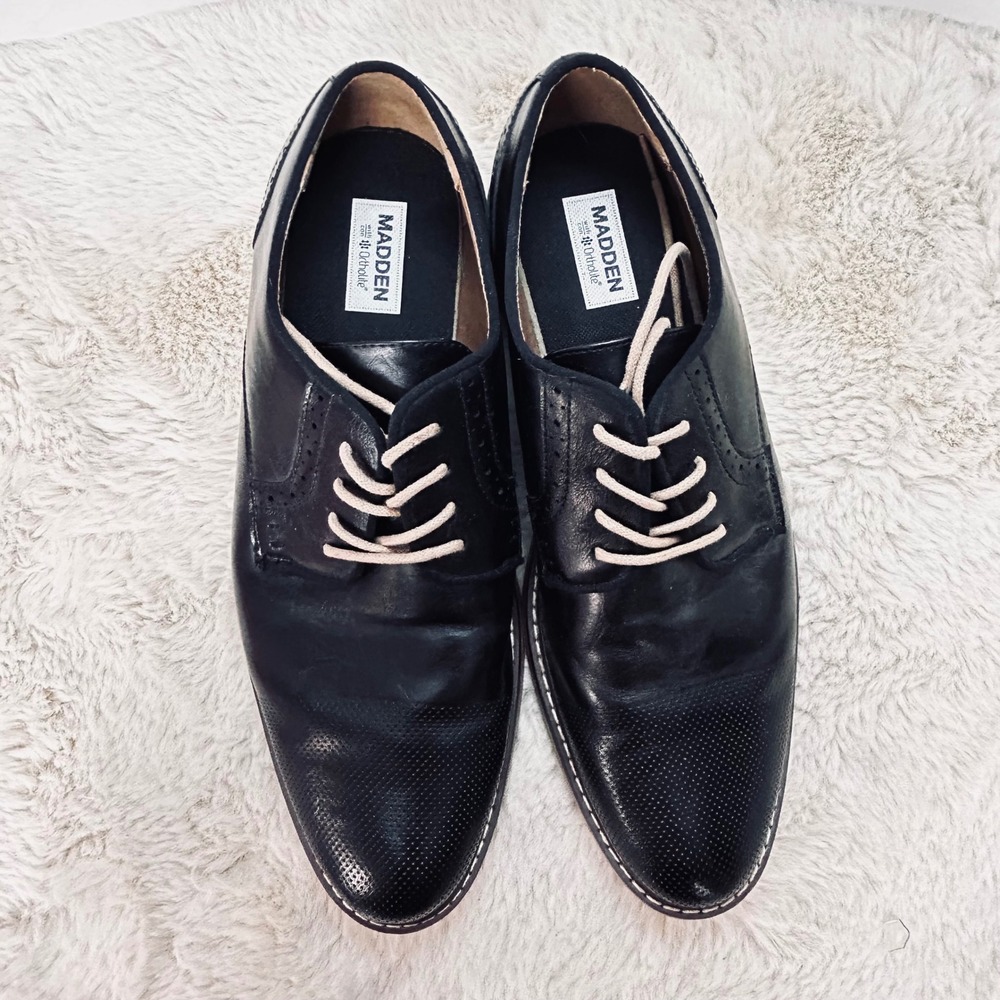 Madden Mens Black Leather‎ Perforated Cap Toe Oxford Dress Shoes 10 Ortholite